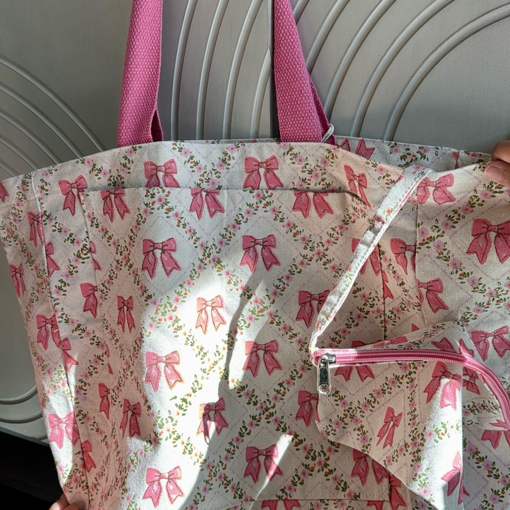 Pink Bow Print Tote Bag - Women